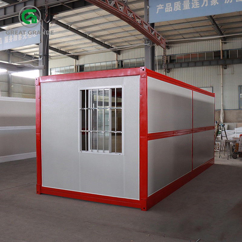 Prefab Lipat Kontainer Rumah Rangka Merah Pintu Kaca Samping Dukungan Rangka Baja Galvanis