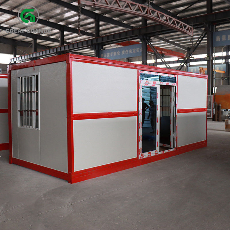 Prefab Lipat Kontainer Rumah Rangka Merah Pintu Kaca Samping Dukungan Rangka Baja Galvanis